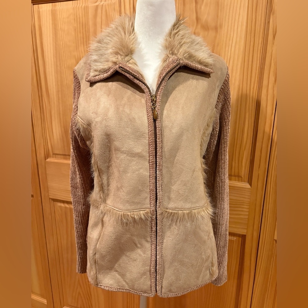 Lisa International faux suede sweater jacket faux fur trim and collar women’s M